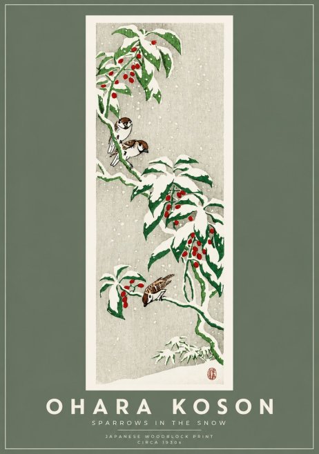 Ohara Koson Sparrows in the Snow No2 - Plakat