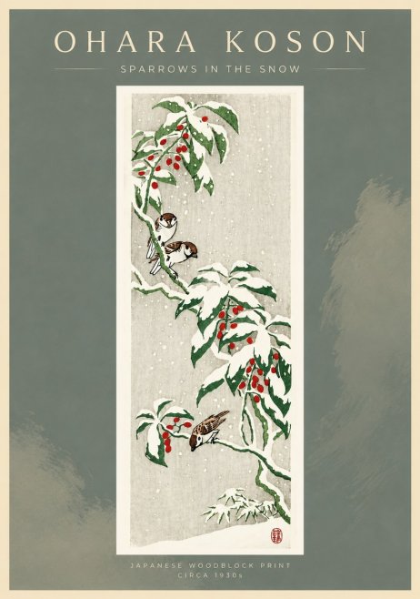 Ohara Koson Sparrows in the Snow No4 - Plakat