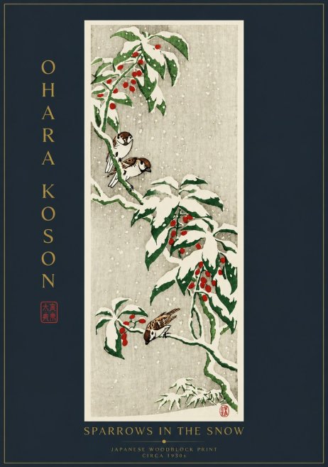 Ohara Koson Sparrows in the Snow No6 - Plakat