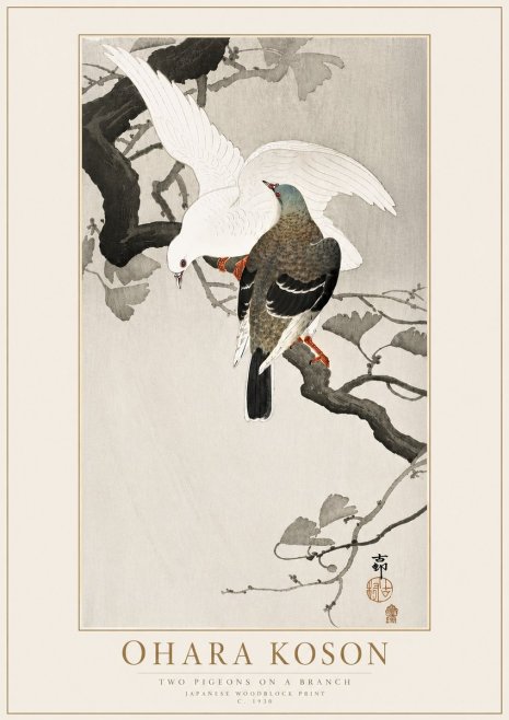 Ohara Koson Two Pigeons on a Branch No4 - Plakat