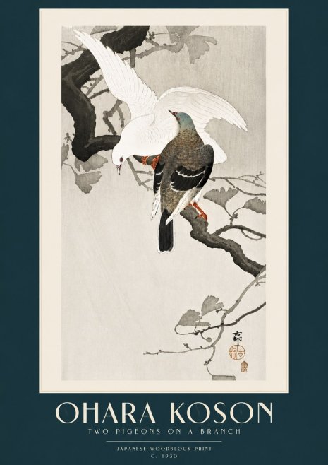 Ohara Koson Two Pigeons on a Branch No5 - Plakat