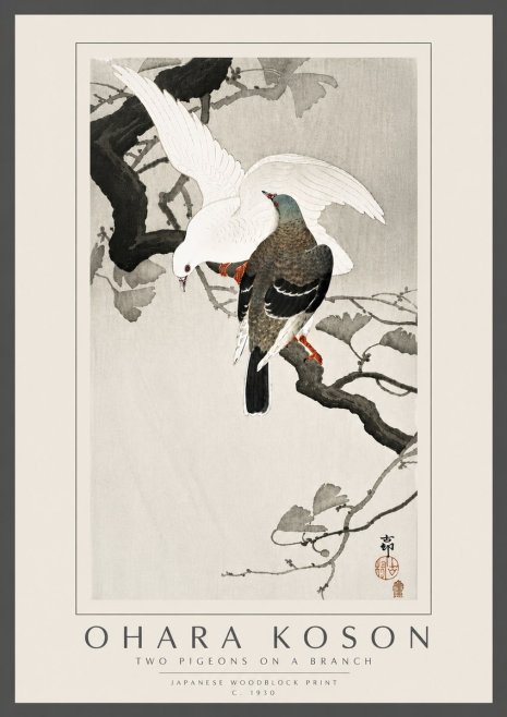 Ohara Koson Two Pigeons on a Branch No6 - Plakat