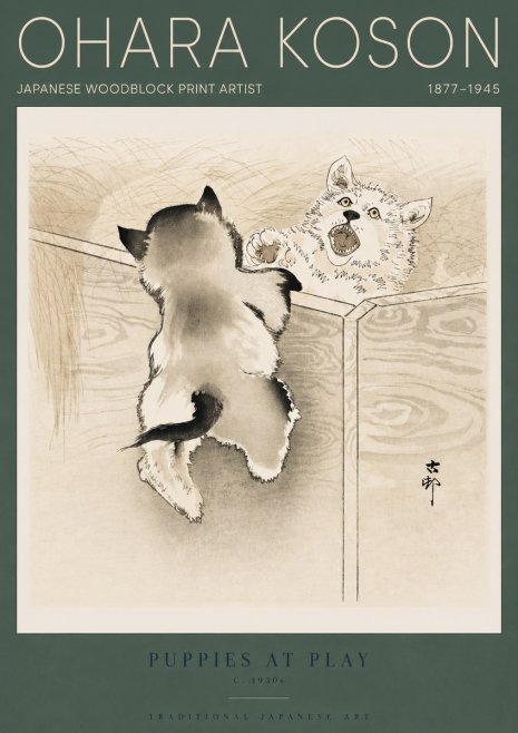 Ohara Koson Puppies at Play No4 - Plakat