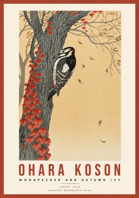 Ohara Koson Woodpecker and Autumn Ivy No5 - Plakat