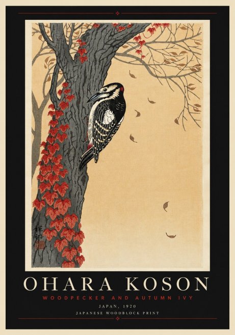 Ohara Koson Woodpecker and Autumn Ivy No6 - Plakat