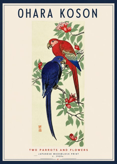 Ohara Koson Two Parrots and Flowers No3 - Plakat