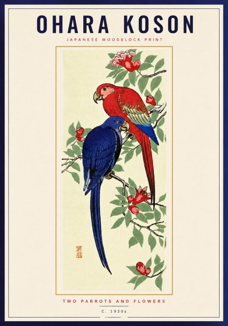 Ohara Koson Two Parrots and Flowers No6 - Plakat