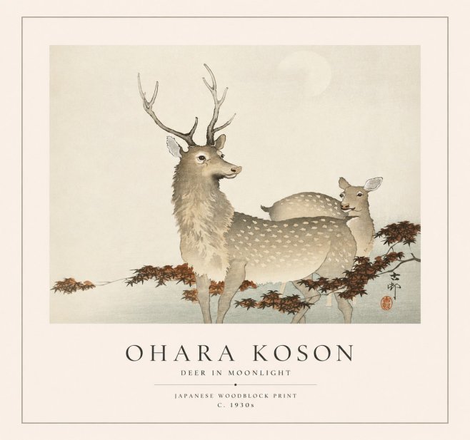 Ohara Koson Deer in Moonlight No1 - Plakat