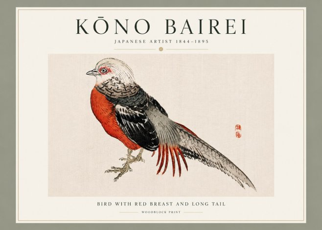 Kōno Bairei Bird with Red Breast and Long Tail No3 - Plakat
