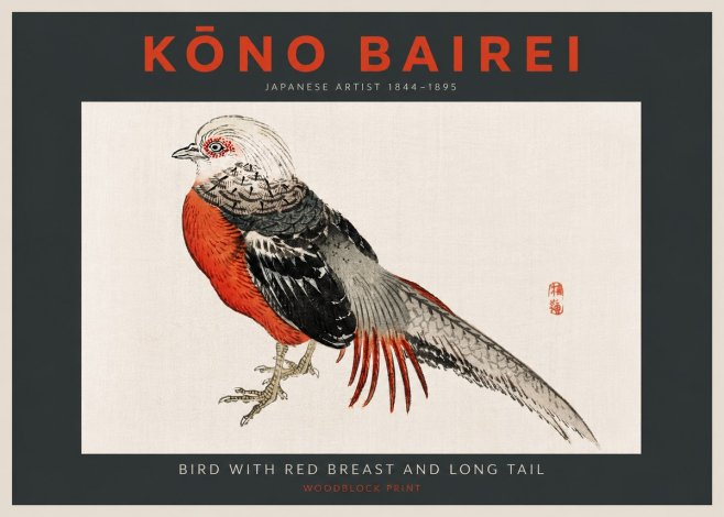 Kōno Bairei Bird with Red Breast and Long Tail No4 - Plakat