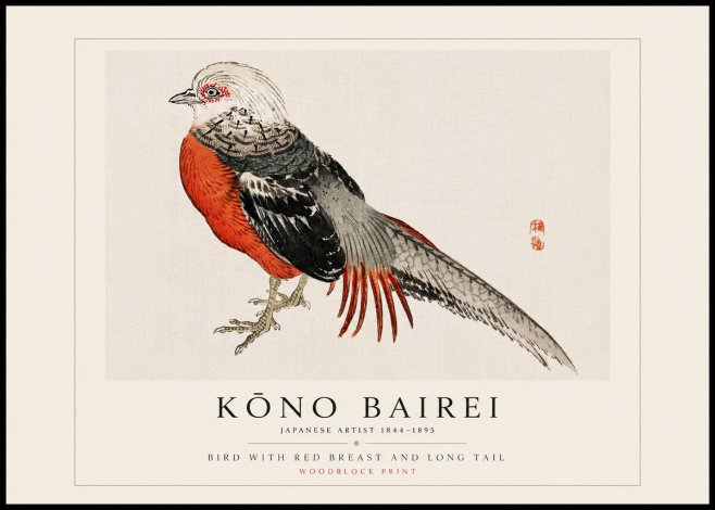 Kōno Bairei Bird with Red Breast and Long Tail No5 - Plakat
