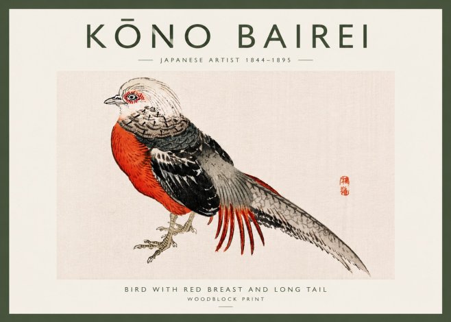 Kōno Bairei Bird with Red Breast and Long Tail No6 - Plakat