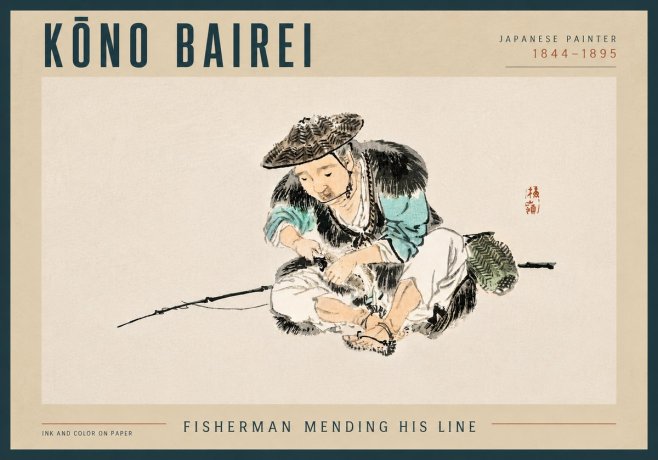 Kōno Bairei Fisherman Mending His Line No4 - Plakat