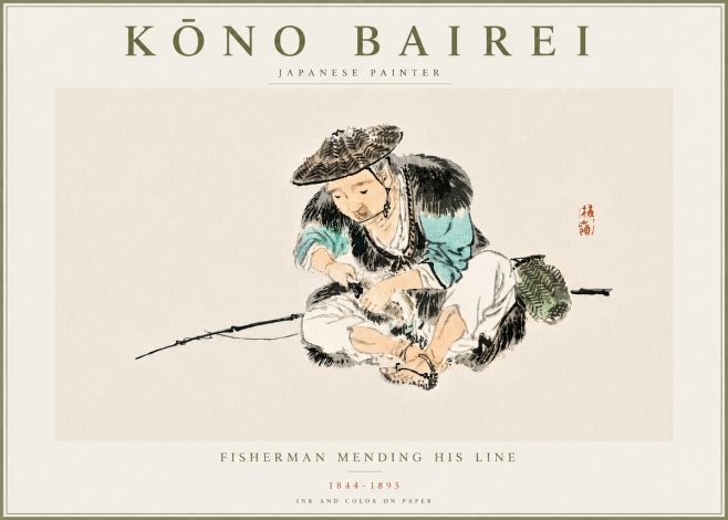 Kōno Bairei Fisherman Mending His Line No5 - Plakat