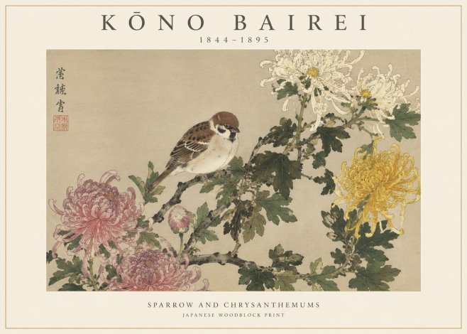 Kōno Bairei Sparrow and Chrysanthemums No1 - Plakat