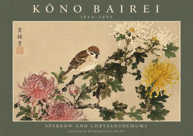 Kōno Bairei Sparrow and Chrysanthemums No2 - Plakat