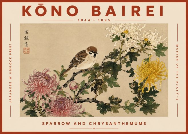 Kōno Bairei Sparrow and Chrysanthemums No6 - Plakat