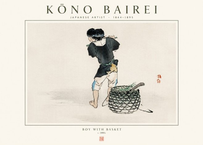 Kōno Bairei Boy with Basket No1 - Plakat