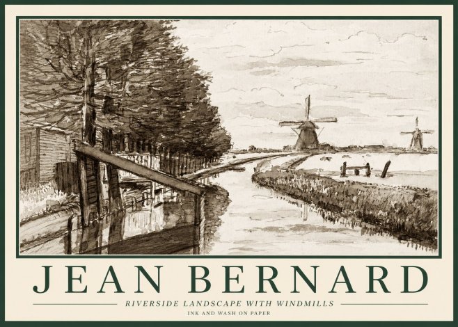 Jean Bernard Riverside Landscape with Windmills No1 - Plakat