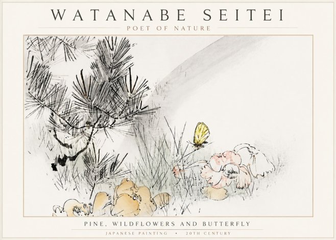 Watanabe Seitei Pine, Wildflowers and Butterfly No3 - Plakat
