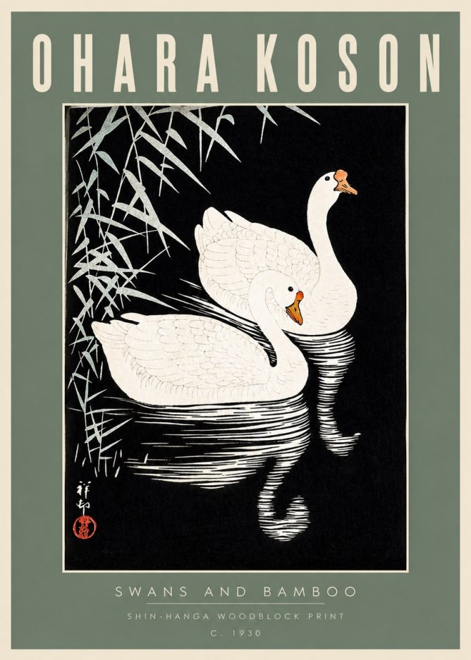Ohara Koson Swans and Bamboo No2 - Plakat