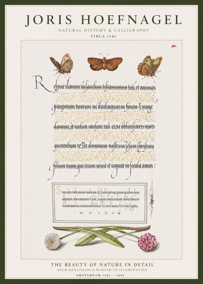 Joris Hoefnagel Butterflies, Flowers and Calligraphy Page No1 - Plakat