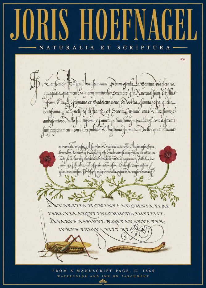 Joris Hoefnagel Illuminated Page with Flowers, Insects & Latin Script No4 - Plakat