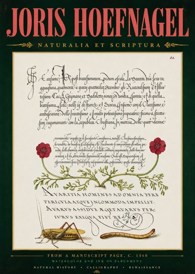 Joris Hoefnagel Illuminated Page with Flowers, Insects & Latin Script No5 - Plakat