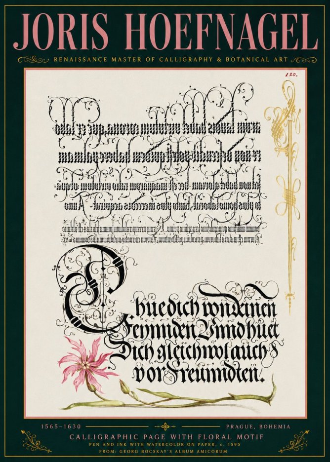 Joris Hoefnagel Calligraphy with Floral Ornament No6 - Plakat