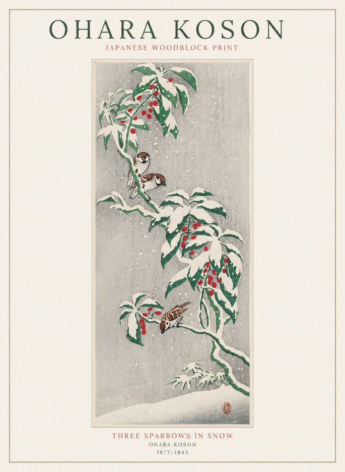 Ohara Koson Three Sparrows in Snow No1 - Plakat