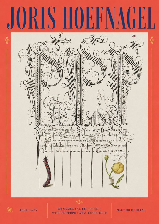 Joris Hoefnagel Ornamental Calligraphy with Caterpillar and Buttercup No3 - Plakat