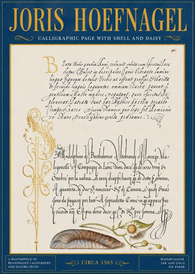 Joris Hoefnagel Calligraphic Page with Shell and Daisy No5 - Plakat