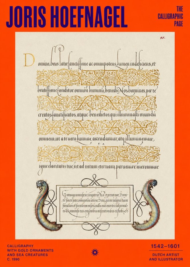 Joris Hoefnagel Calligraphic Page with Gold Ornaments and Sea Creatures No2 - Plakat
