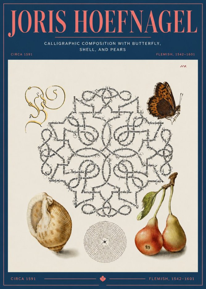 Joris Hoefnagel Calligraphic Composition with Butterfly, Shell, and Pears No4 - Plakat