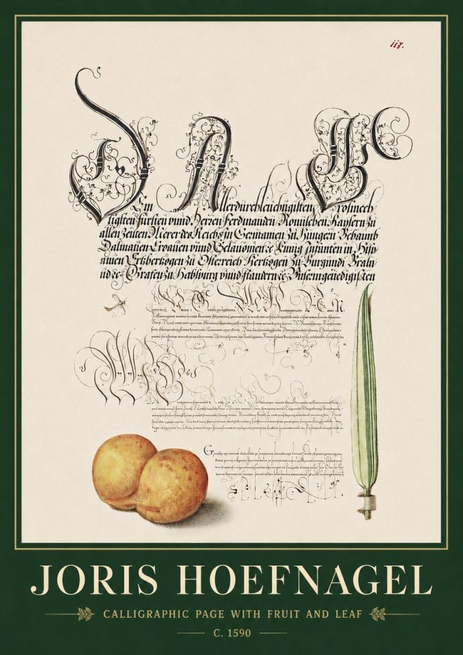 Joris Hoefnagel Calligraphic Page with Fruit and Leaf No3 - Plakat