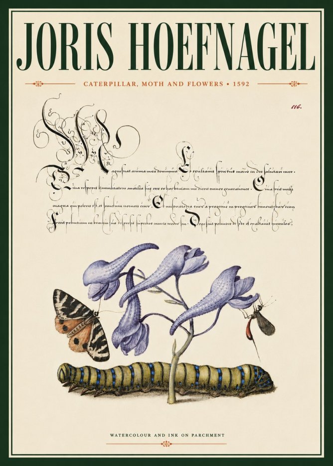Joris Hoefnagel Caterpillar, Moth and Flowers No4 - Plakat