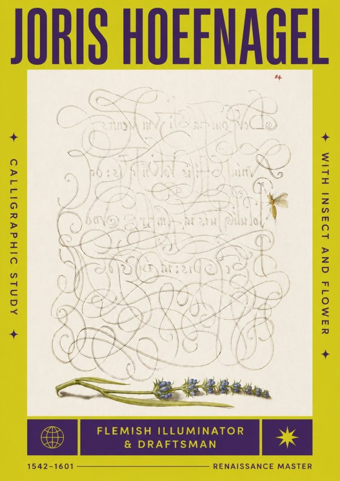Joris Hoefnagel Calligraphic Study with Insect and Flower No4 - Plakat