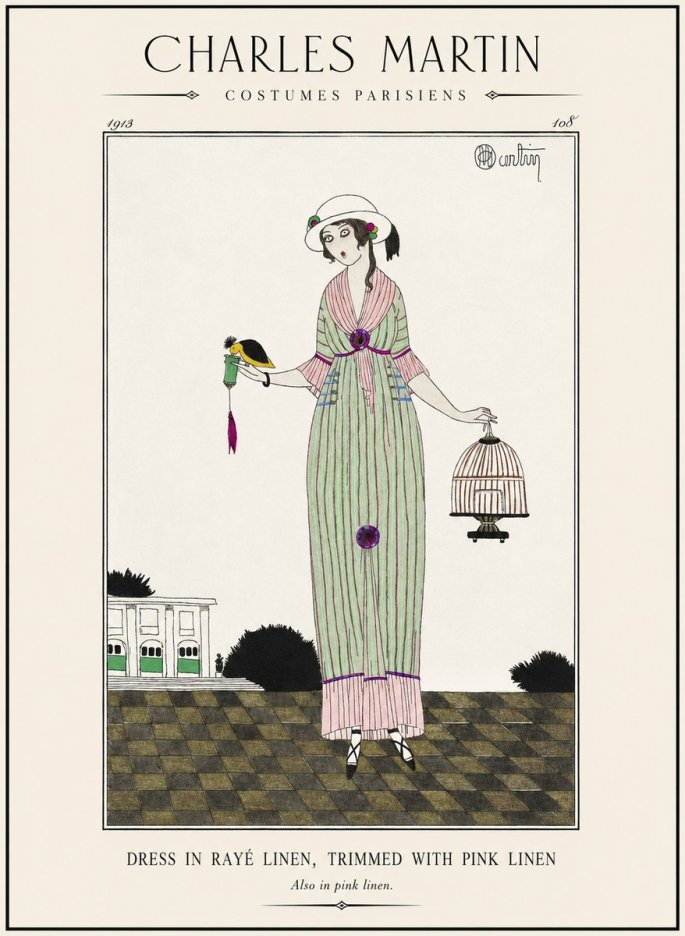 Charles Martin Dress in Rayé Linen, Trimmed with Pink Linen No1 - Plakat