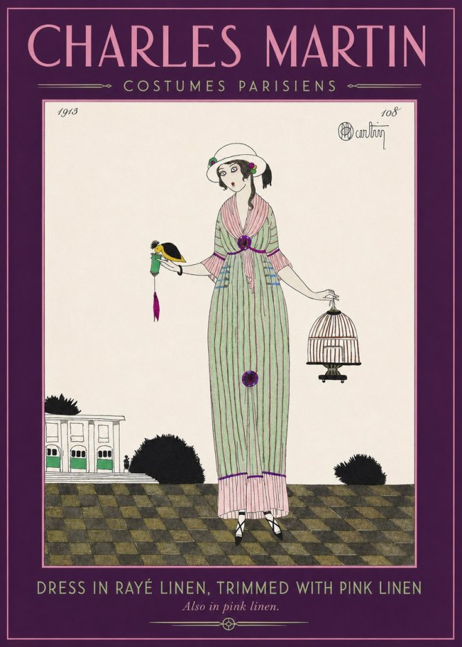 Charles Martin Dress in Rayé Linen, Trimmed with Pink Linen No2 - Plakat