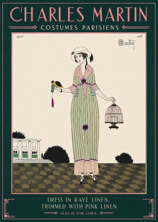Charles Martin Dress in Rayé Linen, Trimmed with Pink Linen No4 - Plakat