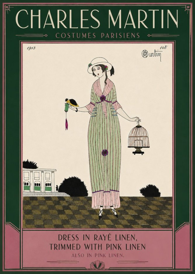 Charles Martin Dress in Rayé Linen, Trimmed with Pink Linen No6 - Plakat