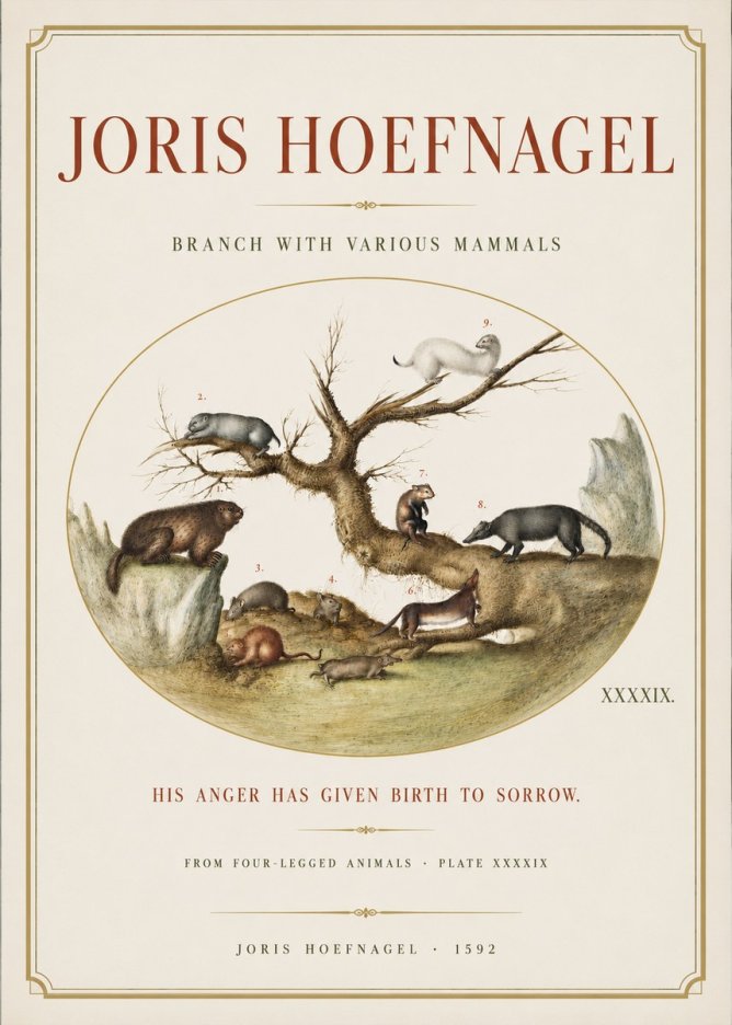 Joris Hoefnagel Branch with Various Mammals No3 - Plakat
