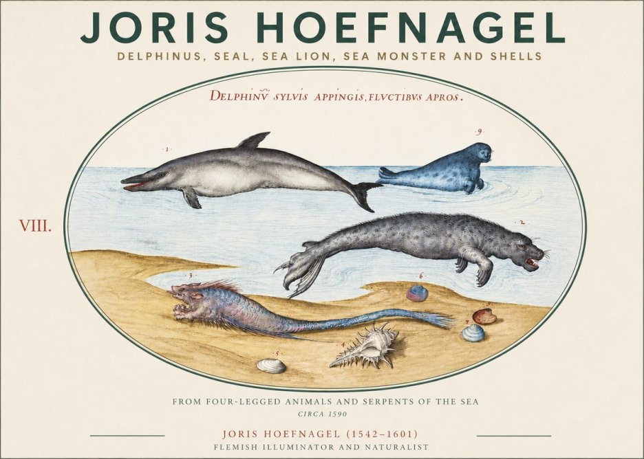 Joris Hoefnagel Delphinus, Seal, Sea Lion, Sea Monster and Shells No3 - Plakat