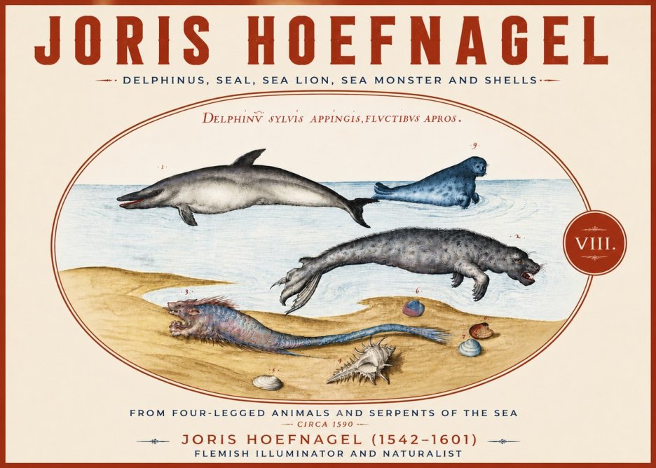 Joris Hoefnagel Delphinus, Seal, Sea Lion, Sea Monster and Shells No5 - Plakat
