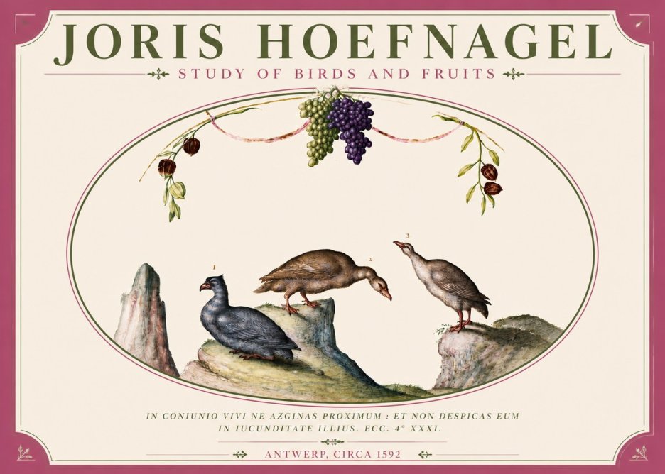 Joris Hoefnagel Three Birds with Grapes and Inscription No6 - Plakat