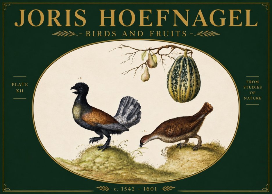 Joris Hoefnagel A Cock and Hen of the Woods with Pears and Gourd No4 - Plakat