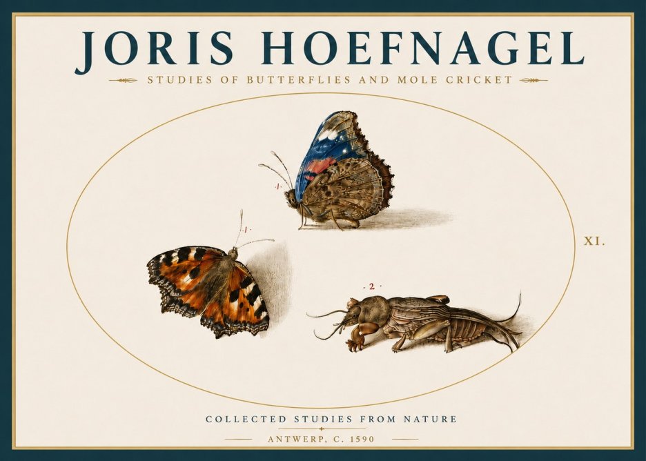 Joris Hoefnagel Studies of Butterflies and Mole Cricket No4 - Plakat