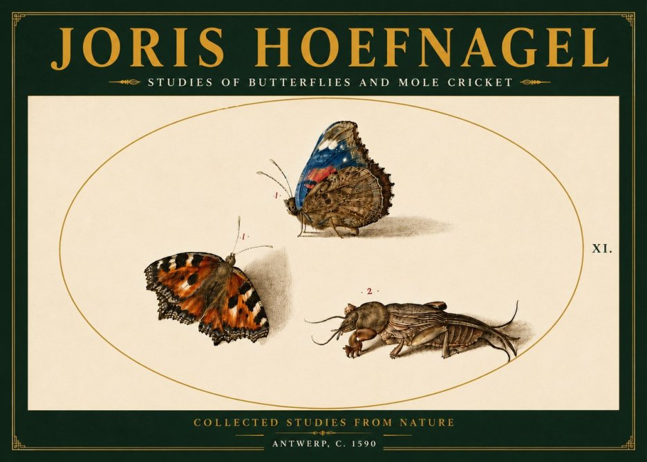 Joris Hoefnagel Studies of Butterflies and Mole Cricket No6 - Plakat