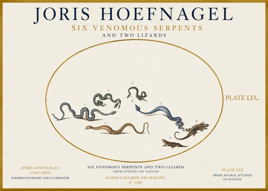 Joris Hoefnagel Six Venomous Serpents and Two Lizards No1 - Plakat