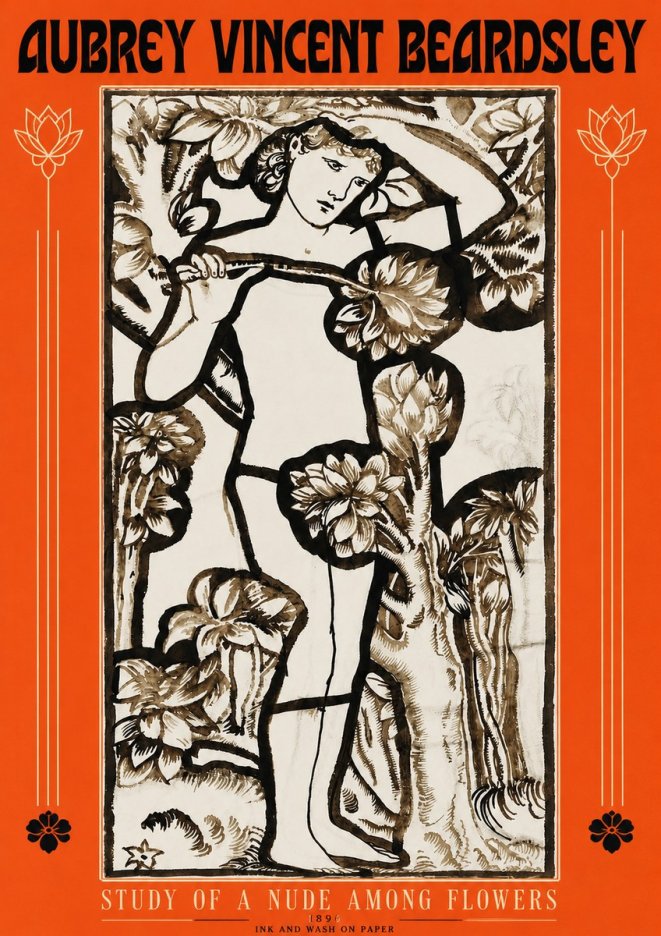 Aubrey Beardsley Study of a Nude Among Flowers No3 - Plakat